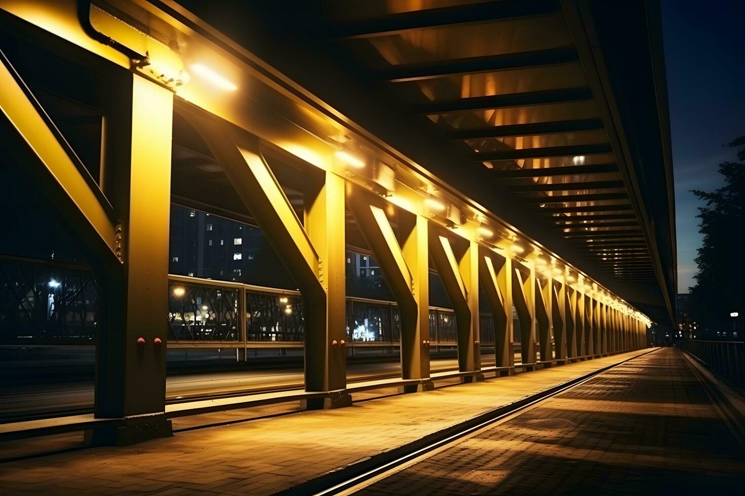 Railway station at night. Train platform in fog. Railroad AI Generated photo