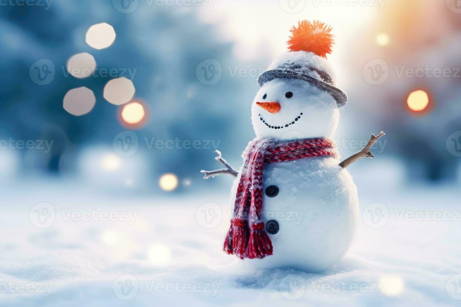 Frosty Fun - Snowman and Bokeh Lights - Generative AI photo