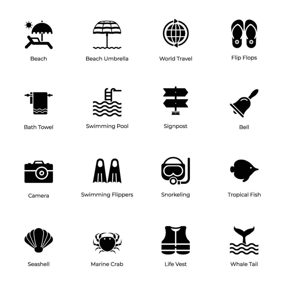 Set of 16 Glyph Beach Icons vector