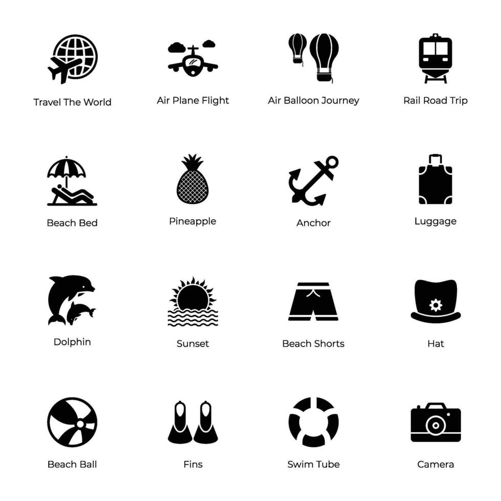 Bundle of Glyph Style Travel Activities Icons vector