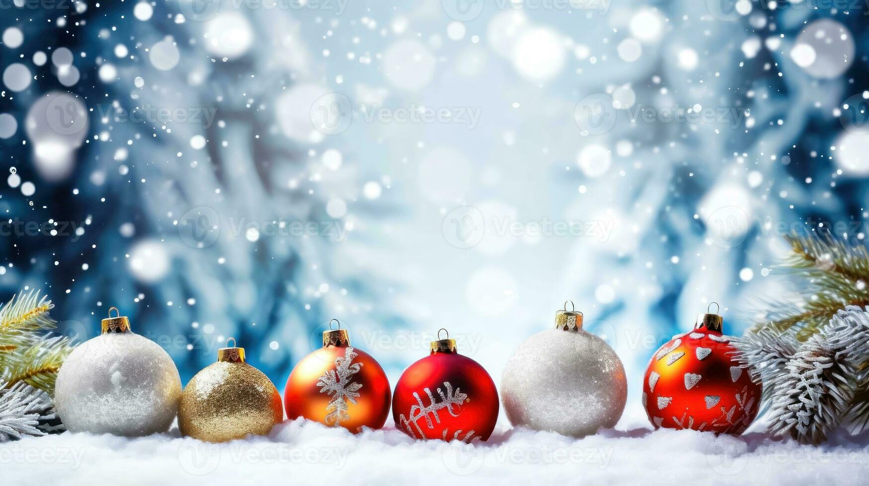 Festive Winter Wonderland - Colorful Christmas Tree Balls in Snowy Bokeh - Generative AI photo