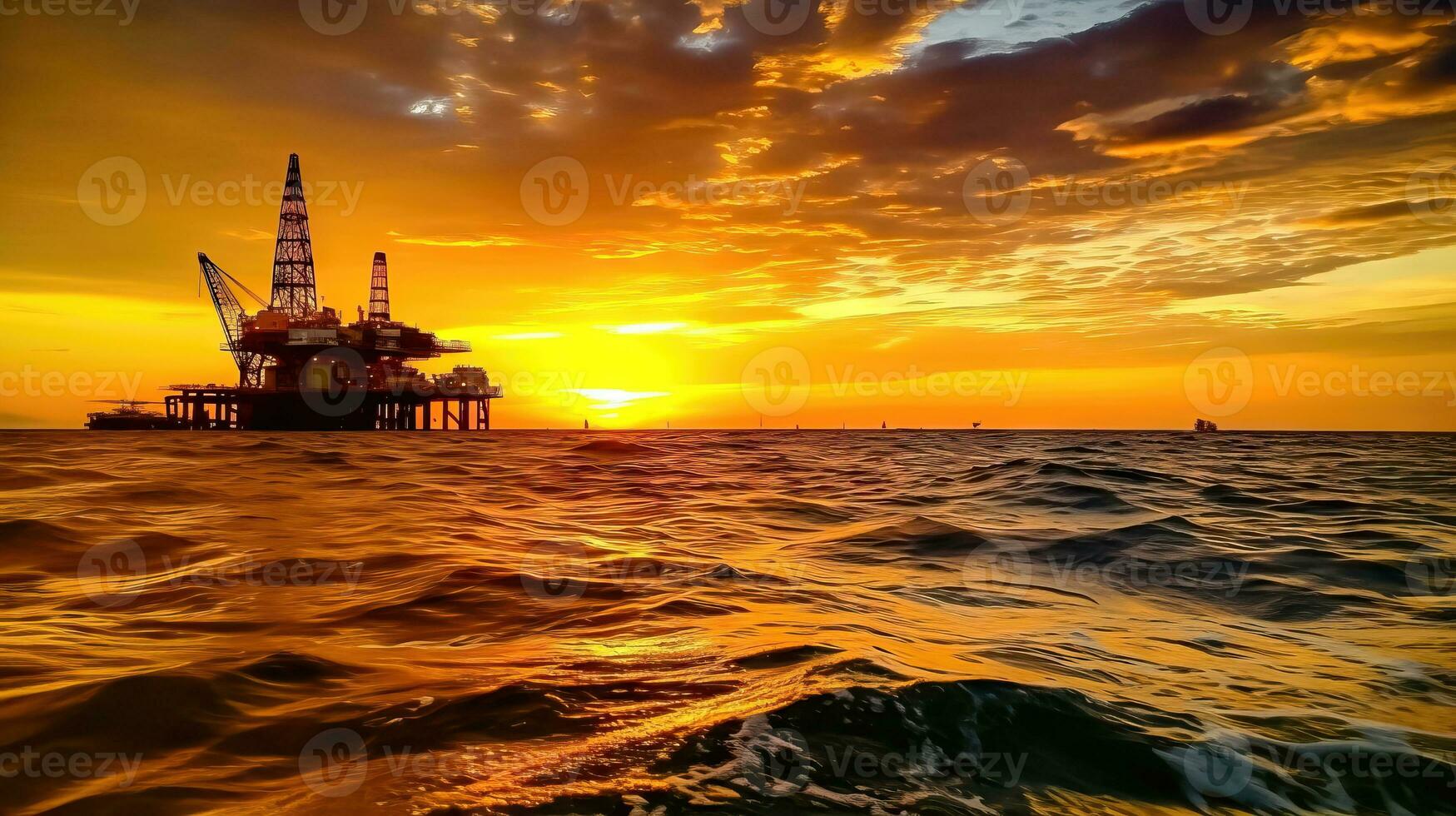 Sunset on the Horizon - Oil Rig Amidst the Ocean Waves - Generative AI photo