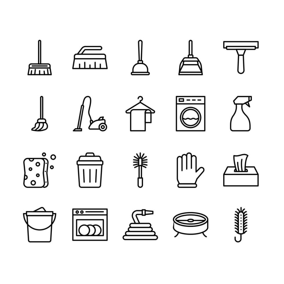 limpieza herramientas contorno icono conjunto vector