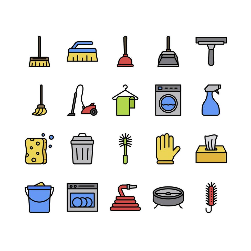 Cleaning tools filled outline icon set vector