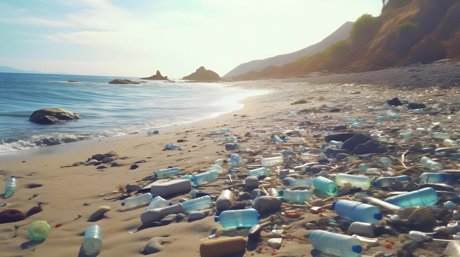 plastic bottles on the beach with water and rocks photo