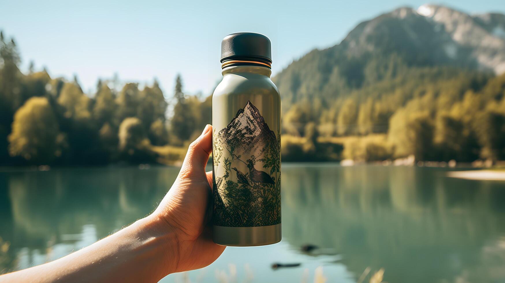 Close-up of female hand holding reusable, steel thermo shiny bottle for water, on the background of clear water of a lake with a turquoise hue. Copy space concept. AI Generated photo