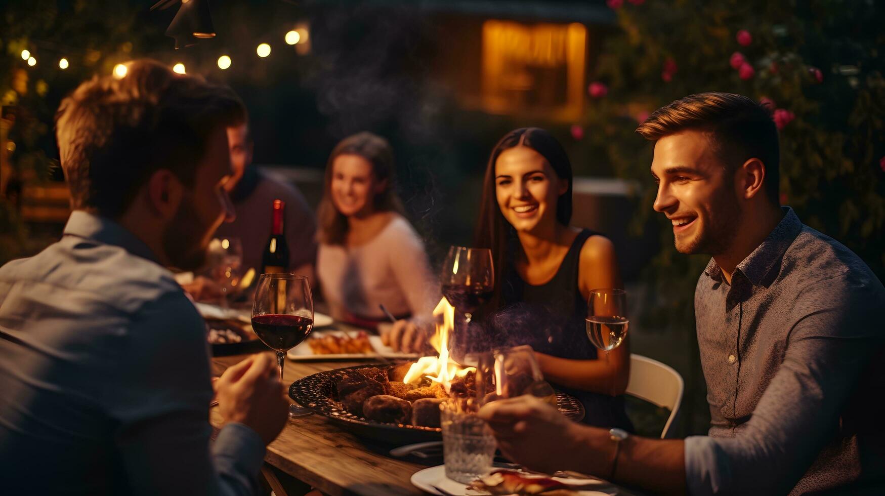 foto de joven personas disfrutando delicioso parilla cena fiesta Bebiendo rojo vino ai generado