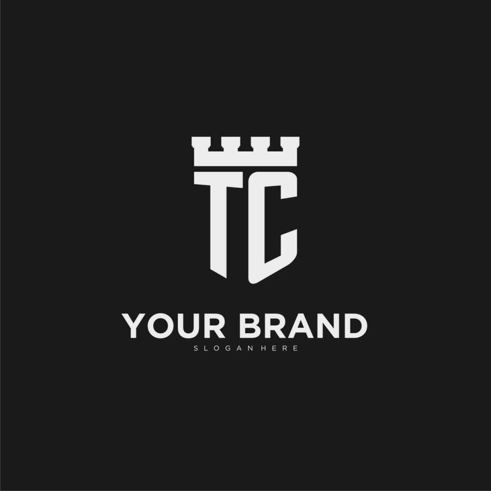 Initials TC logo monogram with shield and fortress design vector