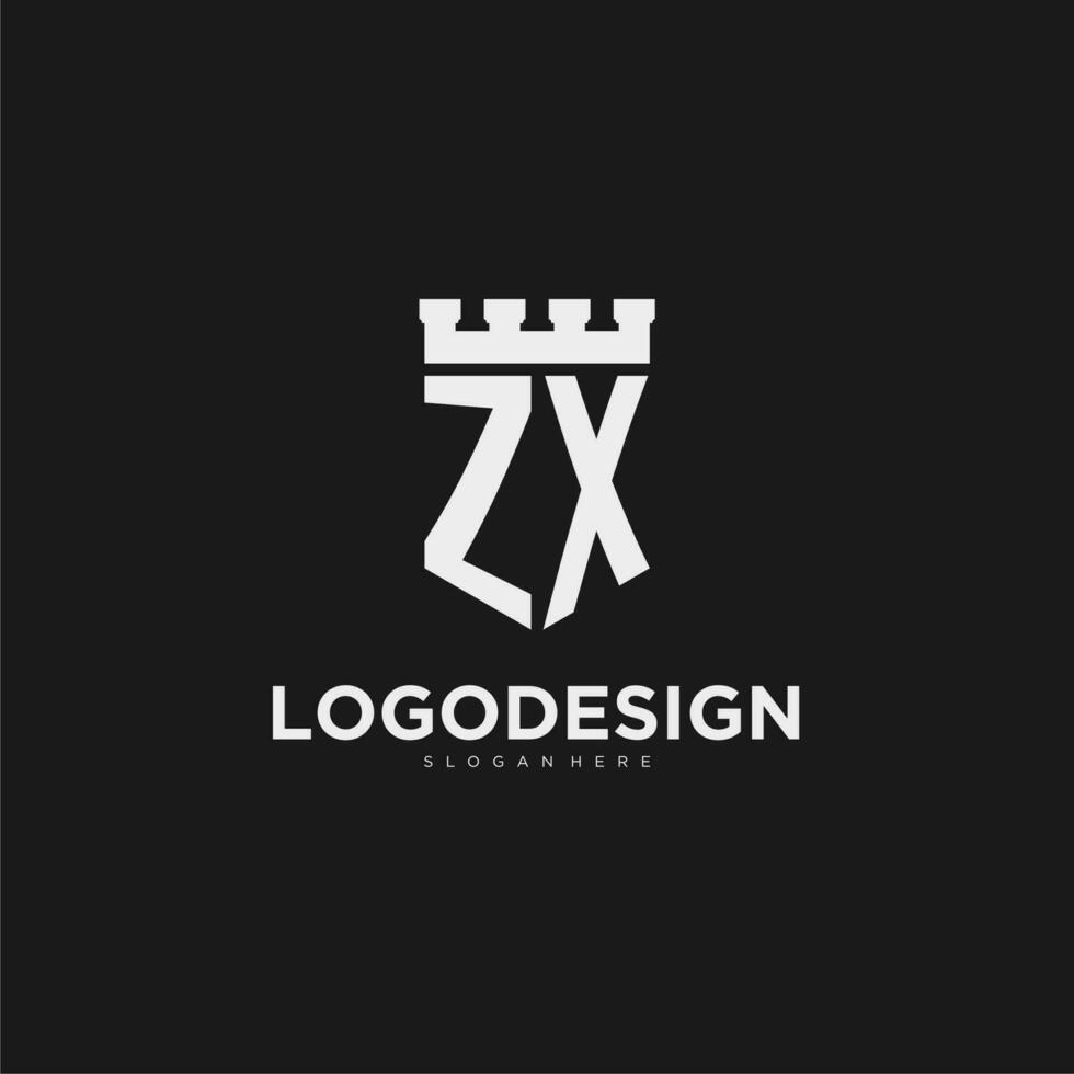 Initials ZX logo monogram with shield and fortress design vector