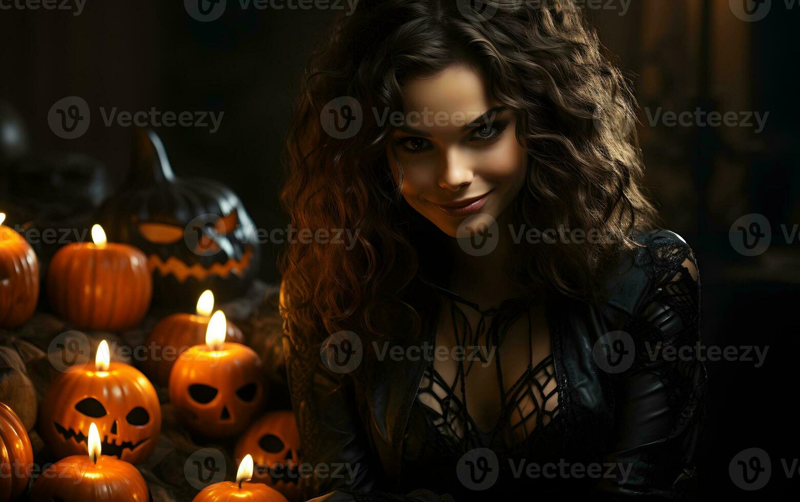 halloween, a cute smiling child girl in a witch costume in a dark decoration with pumpkins and festive decor during the Halloween celebration rejoices. AI Generated photo