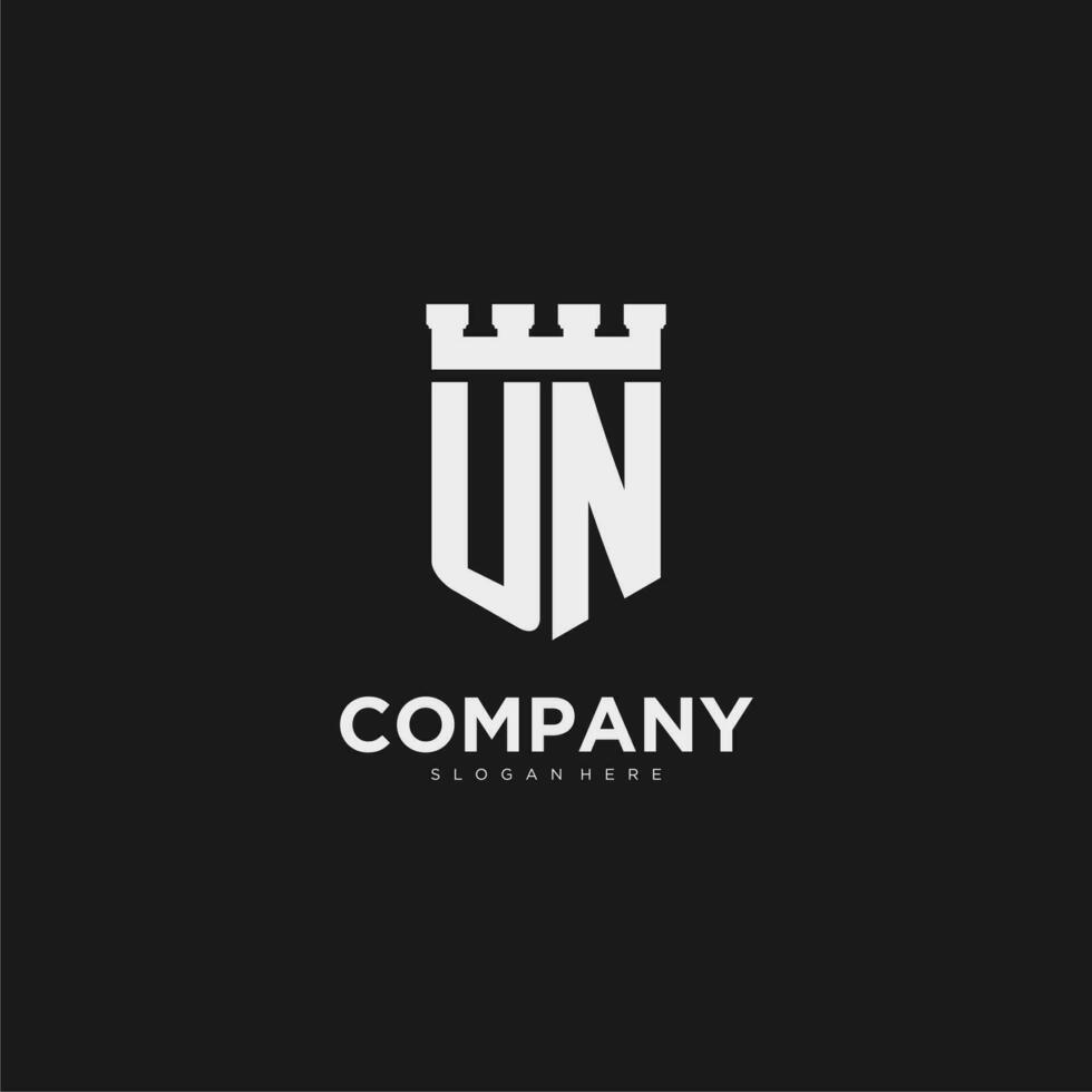 Initials UN logo monogram with shield and fortress design vector