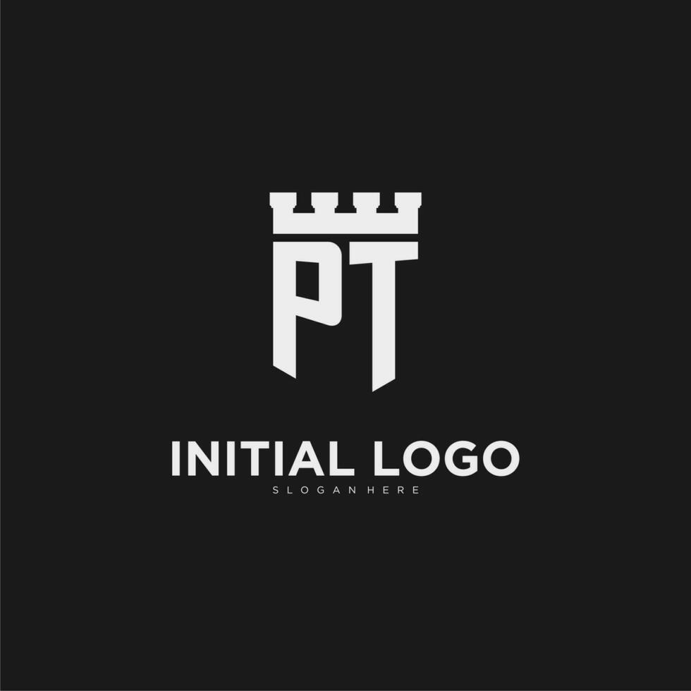 Initials PT logo monogram with shield and fortress design vector