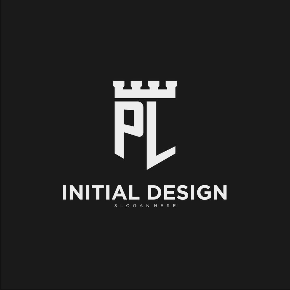 Initials PL logo monogram with shield and fortress design vector