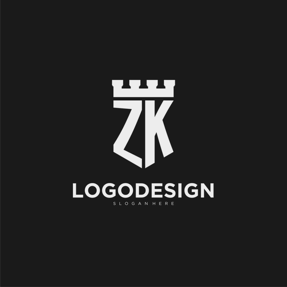 Initials ZK logo monogram with shield and fortress design vector