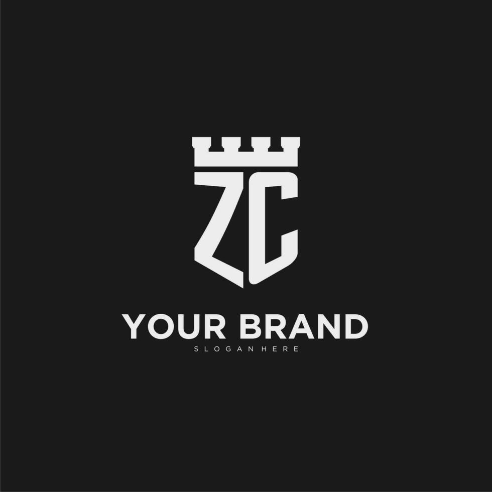 Initials ZC logo monogram with shield and fortress design vector
