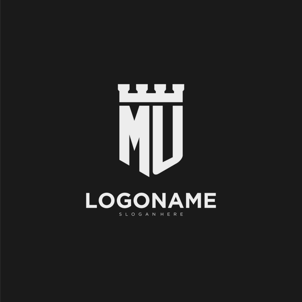 Initials MU logo monogram with shield and fortress design vector