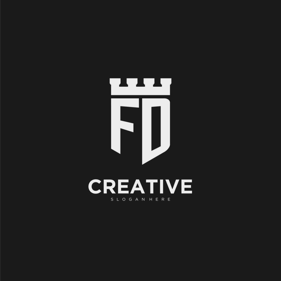 Initials FD logo monogram with shield and fortress design vector