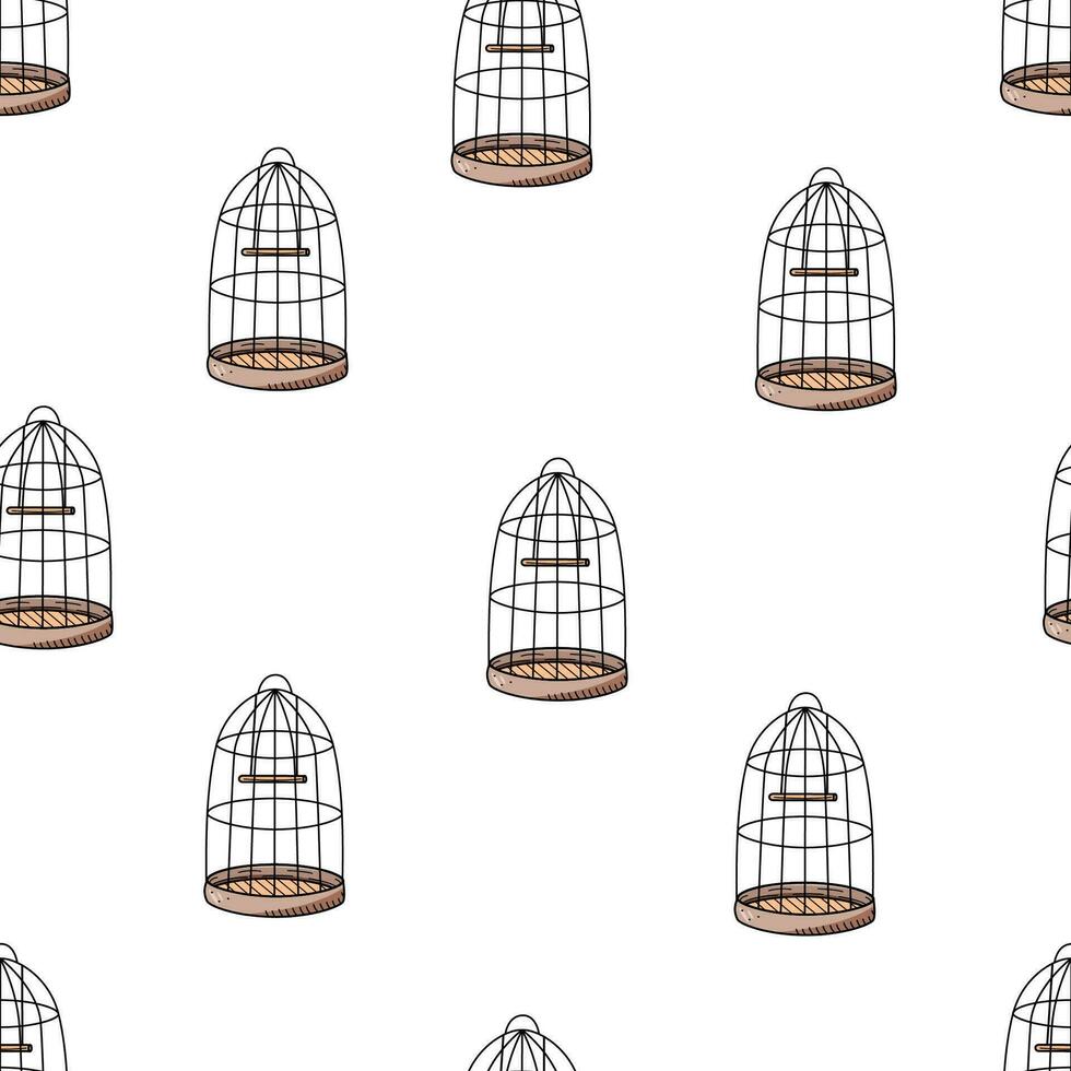 Seamless Pattern cage for a parrot or domestic birds. Vector doodle illustration of a cage for keeping birds in the house.