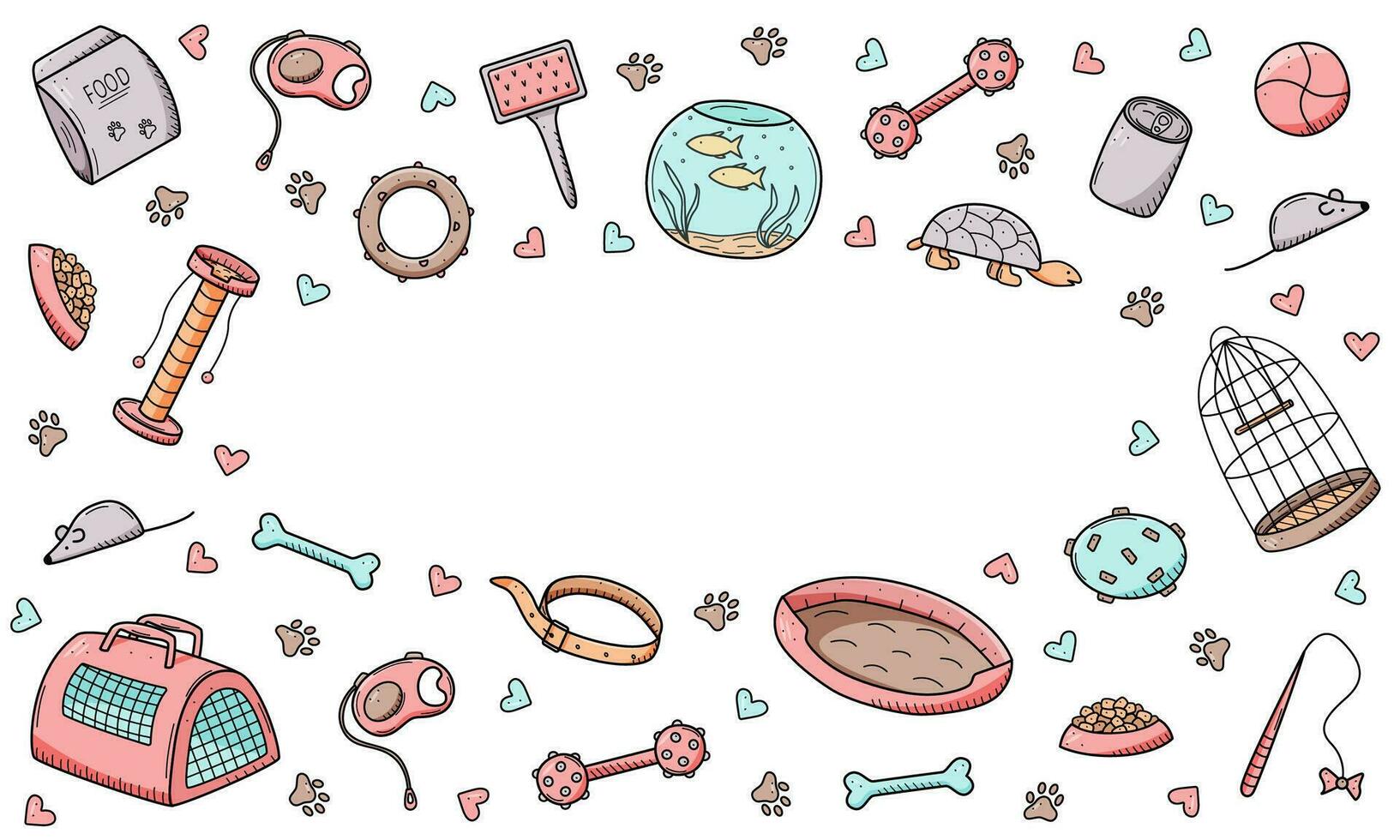 Pet store doodle, a set of icons of goods for the animal store. Vector illustration items accessories for pet dogs cats and animals.