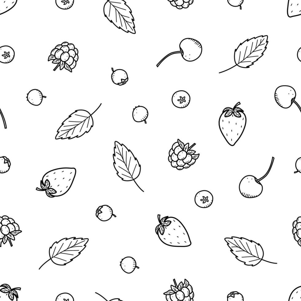 Seamless pattern Summer sweet berries doodle icons. Vector illustration background raspberry strawberry blueberry cherry and mint leaves.