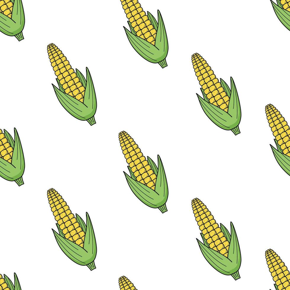 Seamless Pattern Corn icon doodle. Vector drawing of a ripe corn cob, vegetable background.