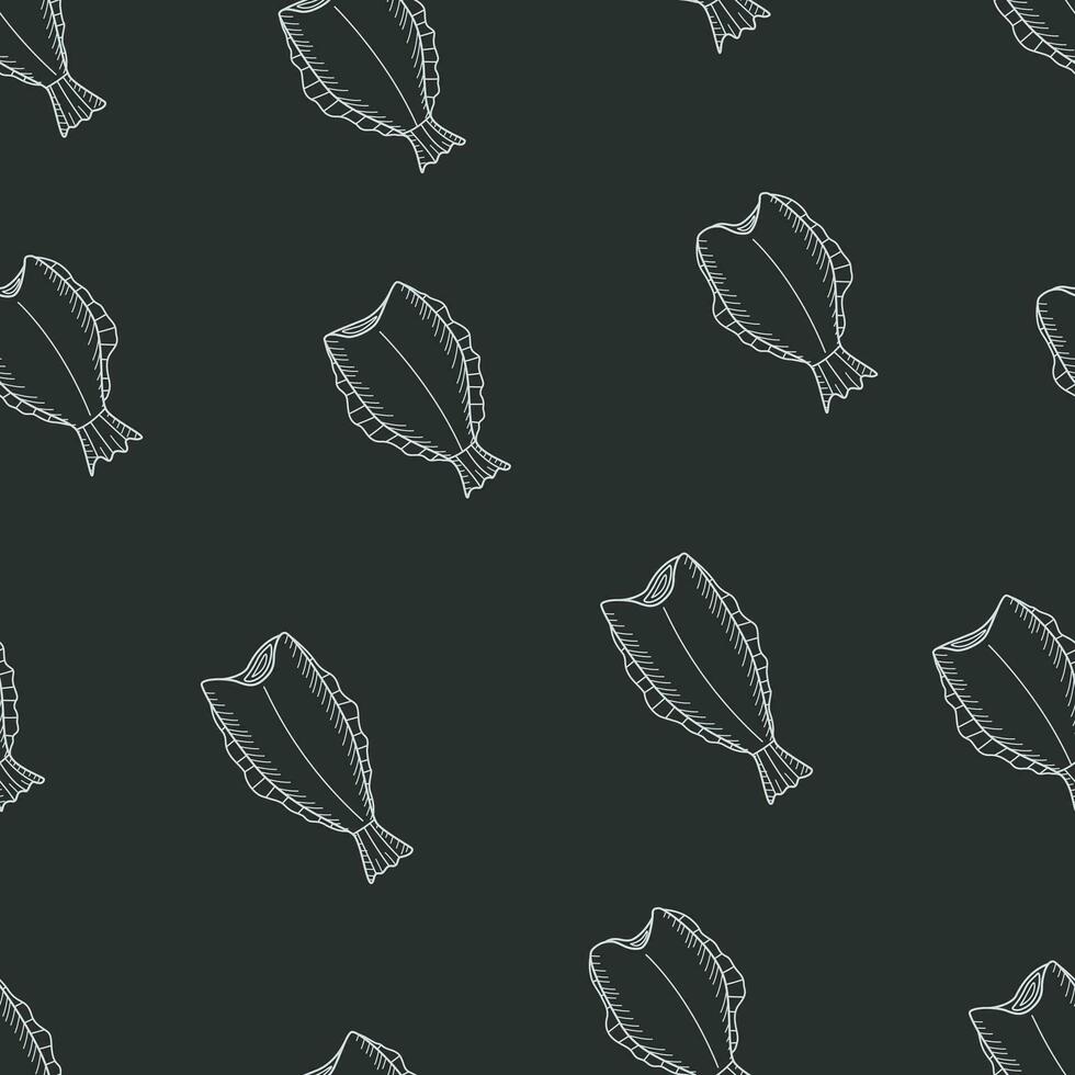 Seamless Pattern Halibut drawing doodle sketch of a headless fish. Background wallpaper Flounder vector illustration of raw or dried fish, seafood.