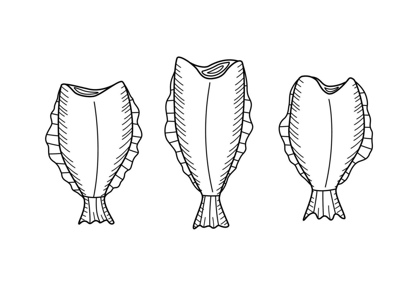 Halibut drawing doodle sketch of a headless fish. Flounder vector illustration of raw or dried fish, seafood.