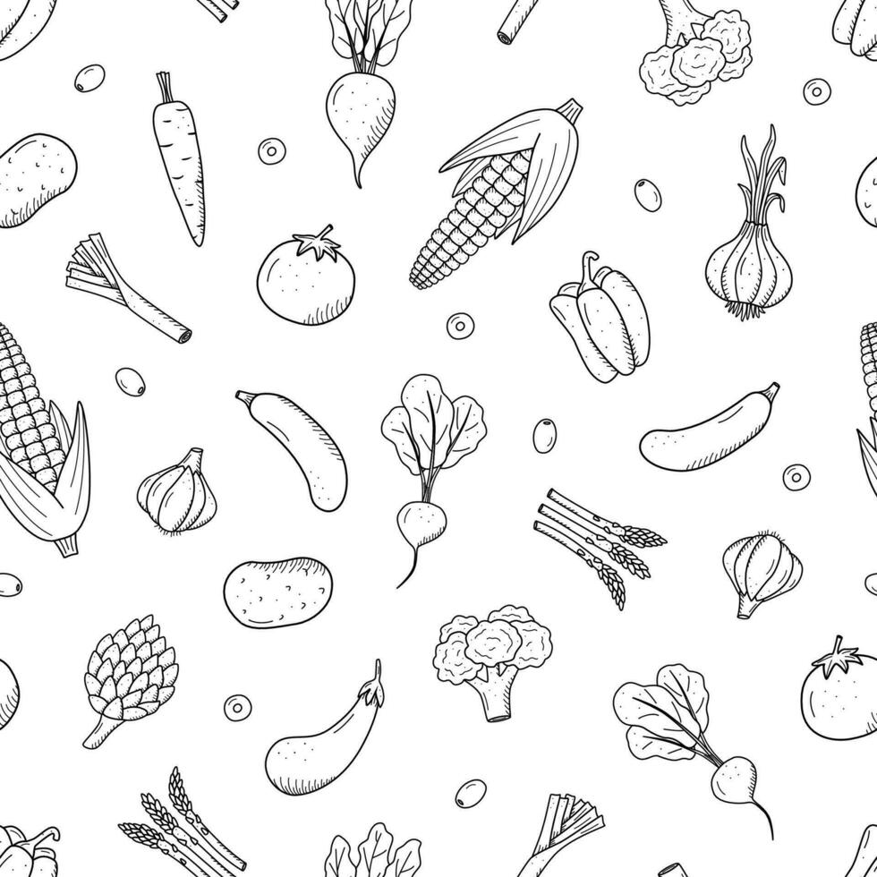 Seamless Pattern of drawing vegetables in doodle style. A set of vector illustrations of the harvest corn potatoes carrots radishes beets garlic onions tomatoes, etc.