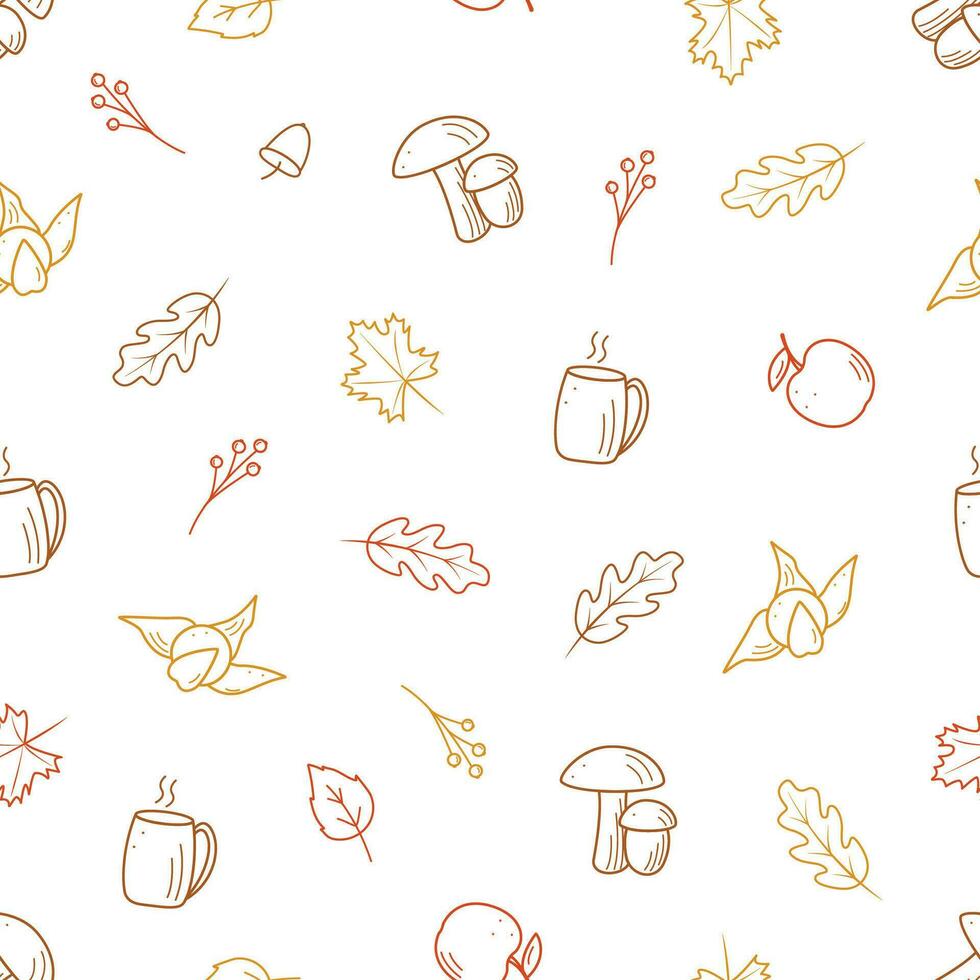 Seamless pattern autumn concept. Vector background illustration of fall leaves hot tea and apple.