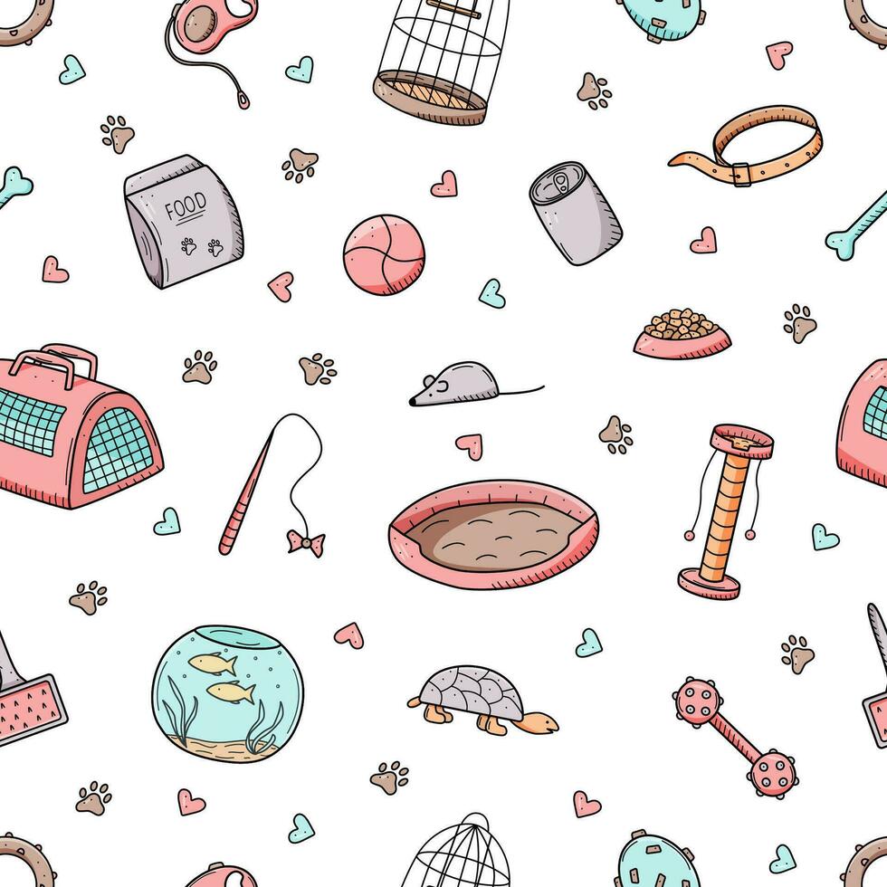 Seamless Pattern Pet store doodle, a set of icons of goods for the animal store. Vector illustration.