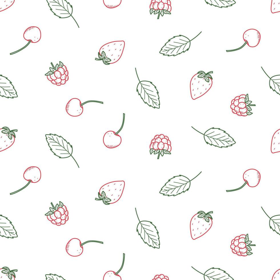 sin costura modelo verano dulce bayas garabatear iconos vector ilustración antecedentes frambuesa fresa Cereza y menta hojas.