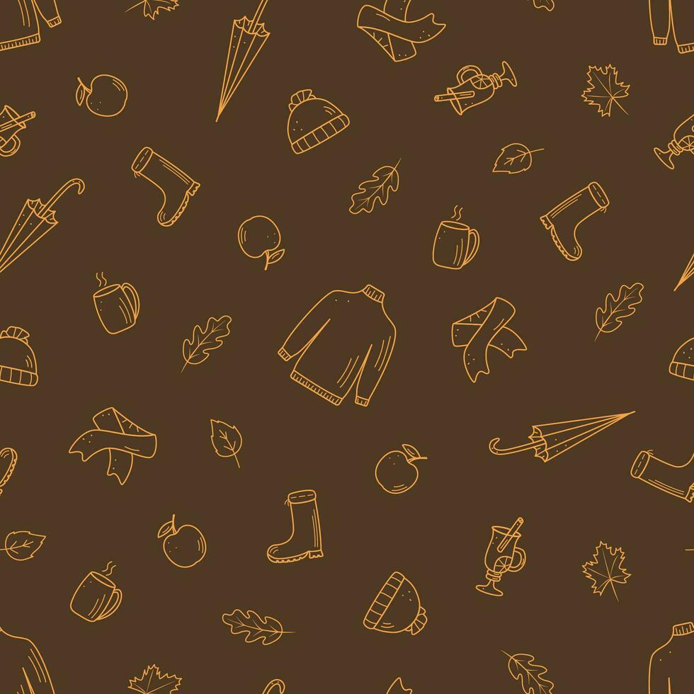 Seamless pattern autumn concept. Background wallpaper autumn elements. Vector illustration of sweater scarf, umbrella coffee apple.