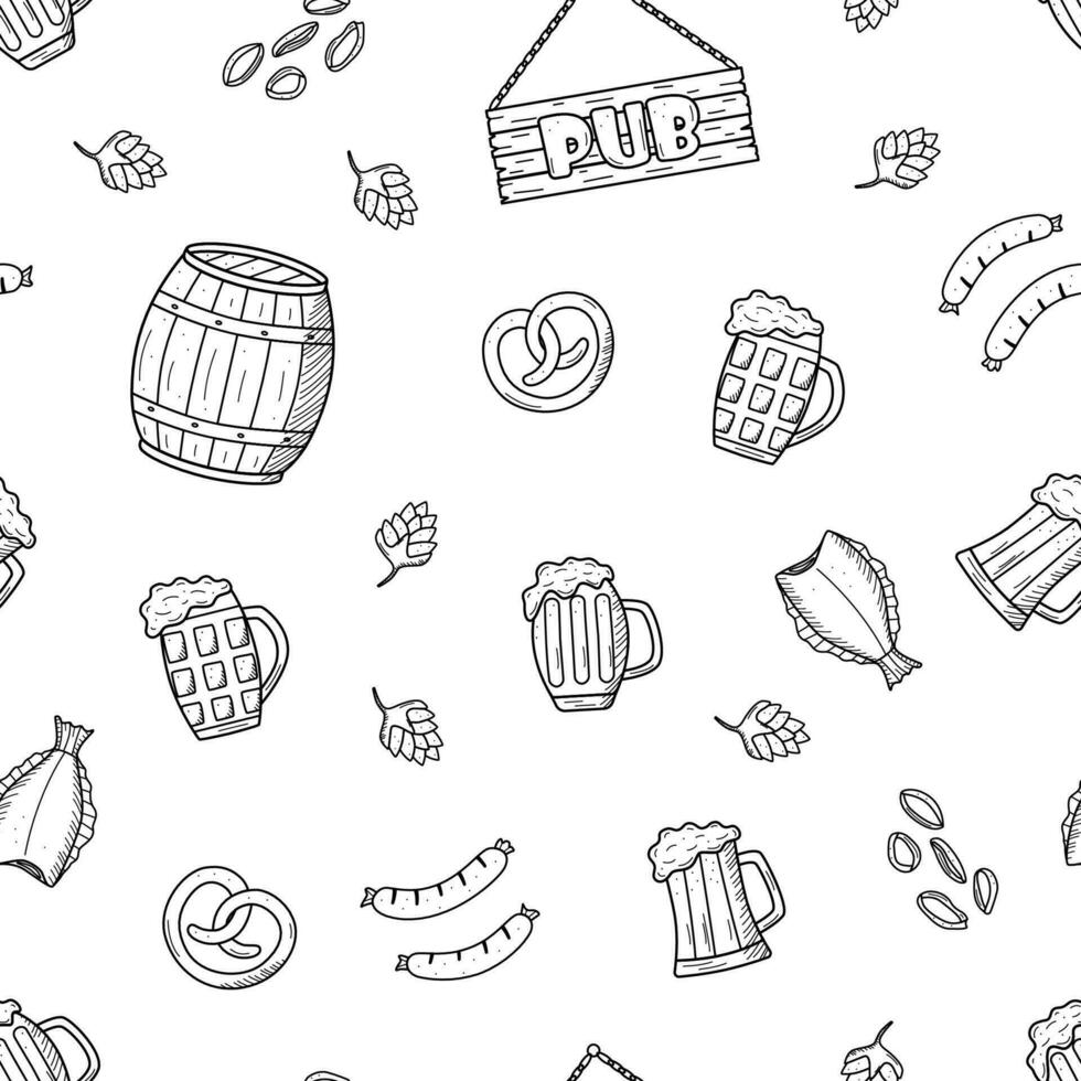 Seamless Pattern Beer doodle icons. Vector illustration of Pub elements beer and snacks. Background wallpaper Oktoberfest or bar.