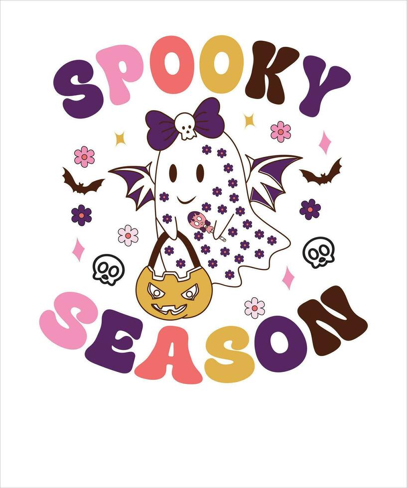 Retro groovy cute boo Halloween design,spooky season vector