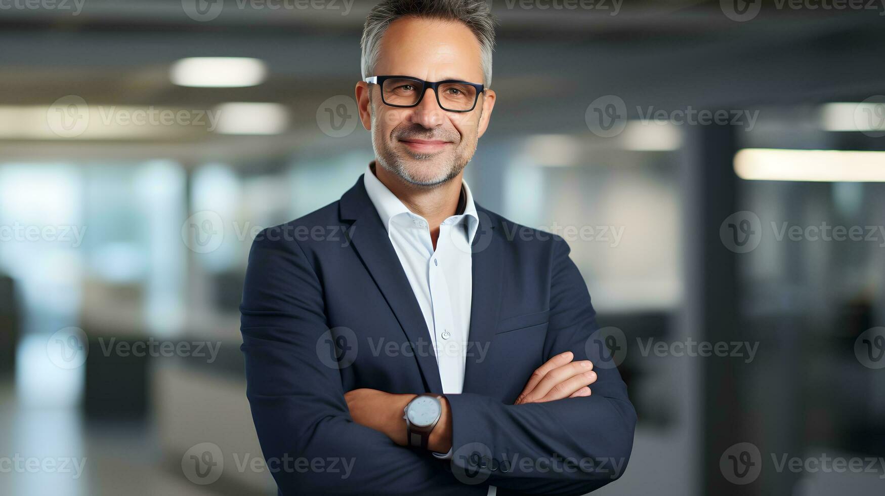 Happy middle aged business man ceo standing in office arms crossed photo