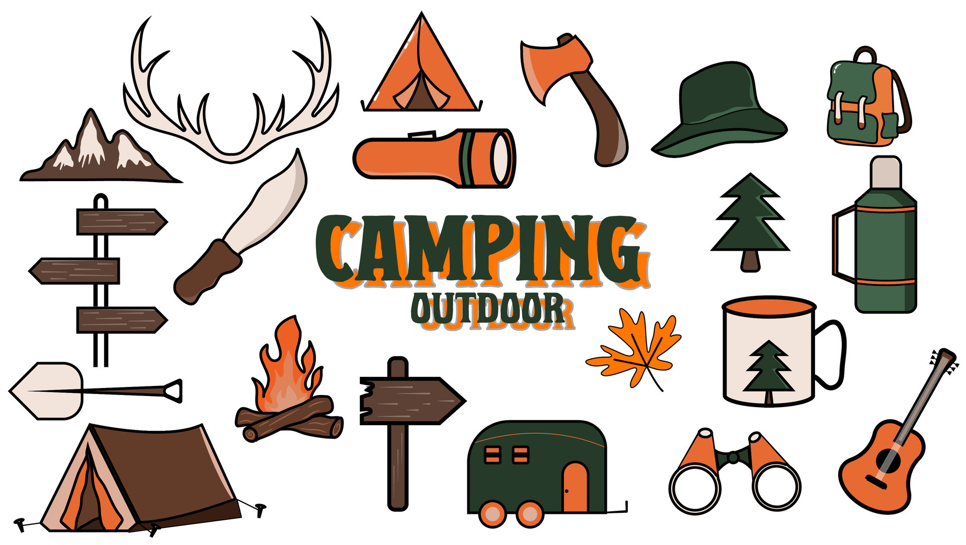 Camping and hiking set, hand drawn elementstent, circular fire, map