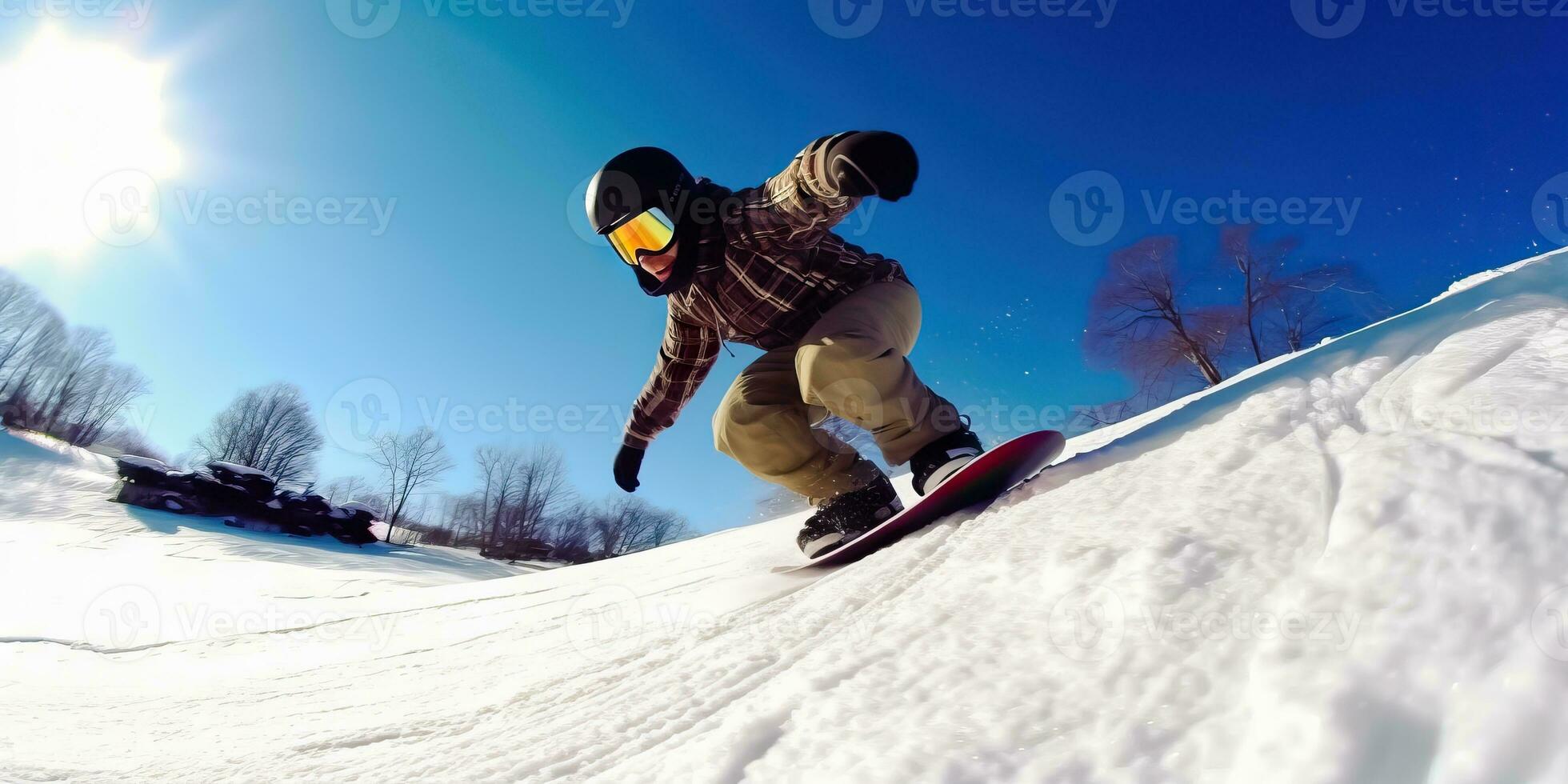 Snowboard Enthusiast Gliding Down Snowy Mountain Terrain - Generative AI photo