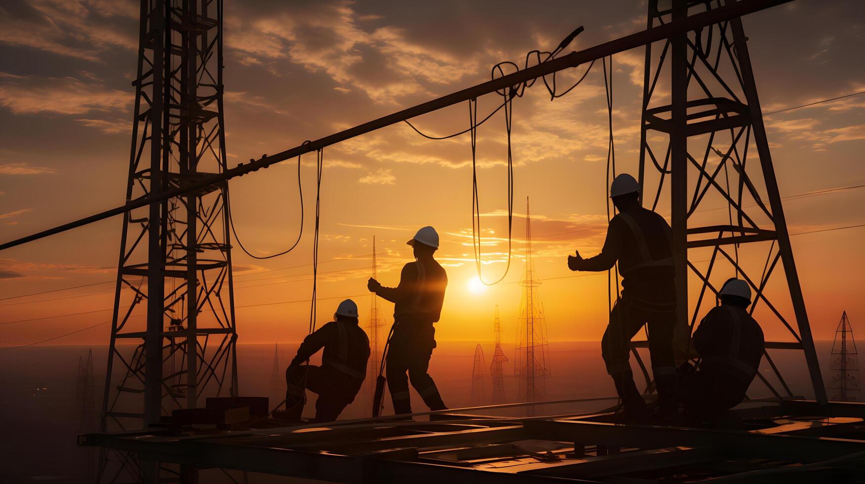 silueta trabajadores construcción de el extensión de Alto voltaje torres foto