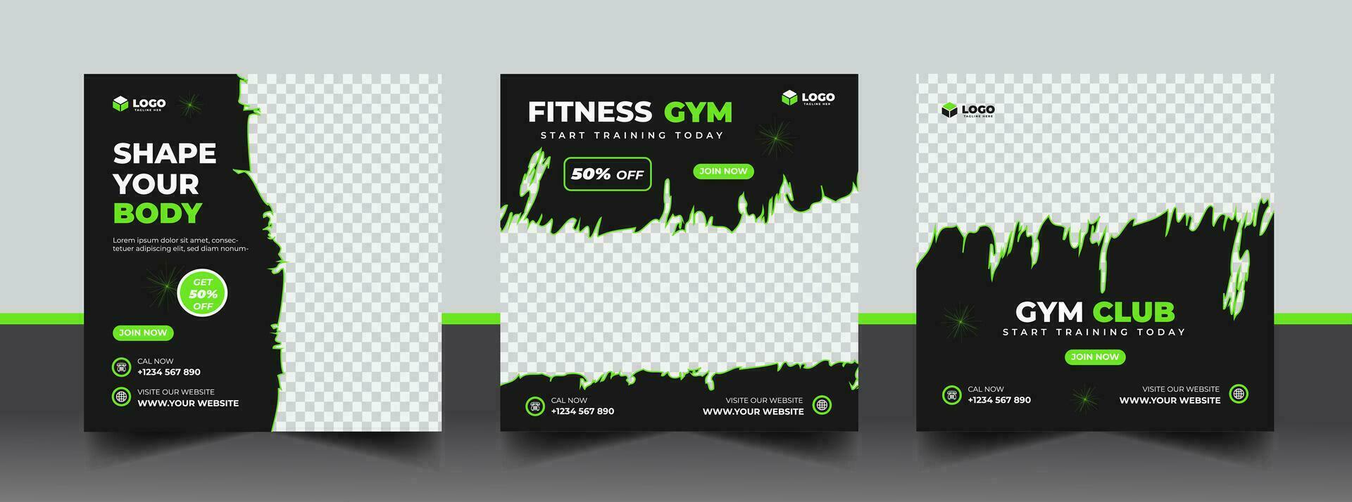 Gym, fitness, and sports social media post template design set. Usable for social media, banner, and website. vector