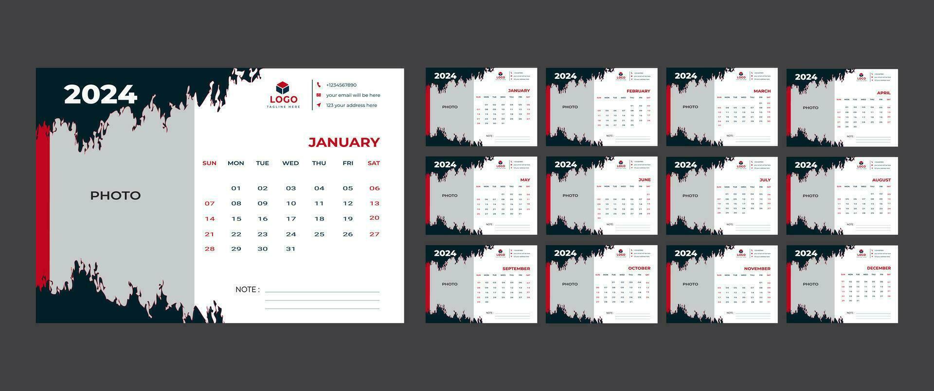 Monthly calendar template for 2024 year, Calendar 2024 week start Sunday corporate design planner template. vector