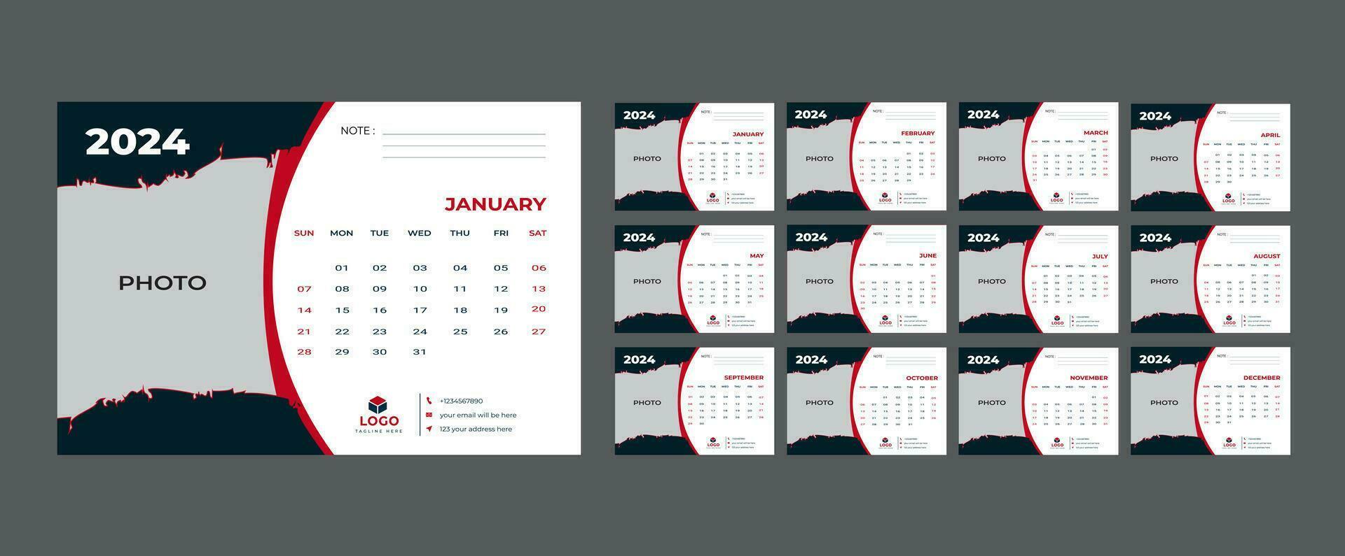 Monthly calendar template for 2024 year, Calendar 2024 week start Sunday corporate design planner template. vector