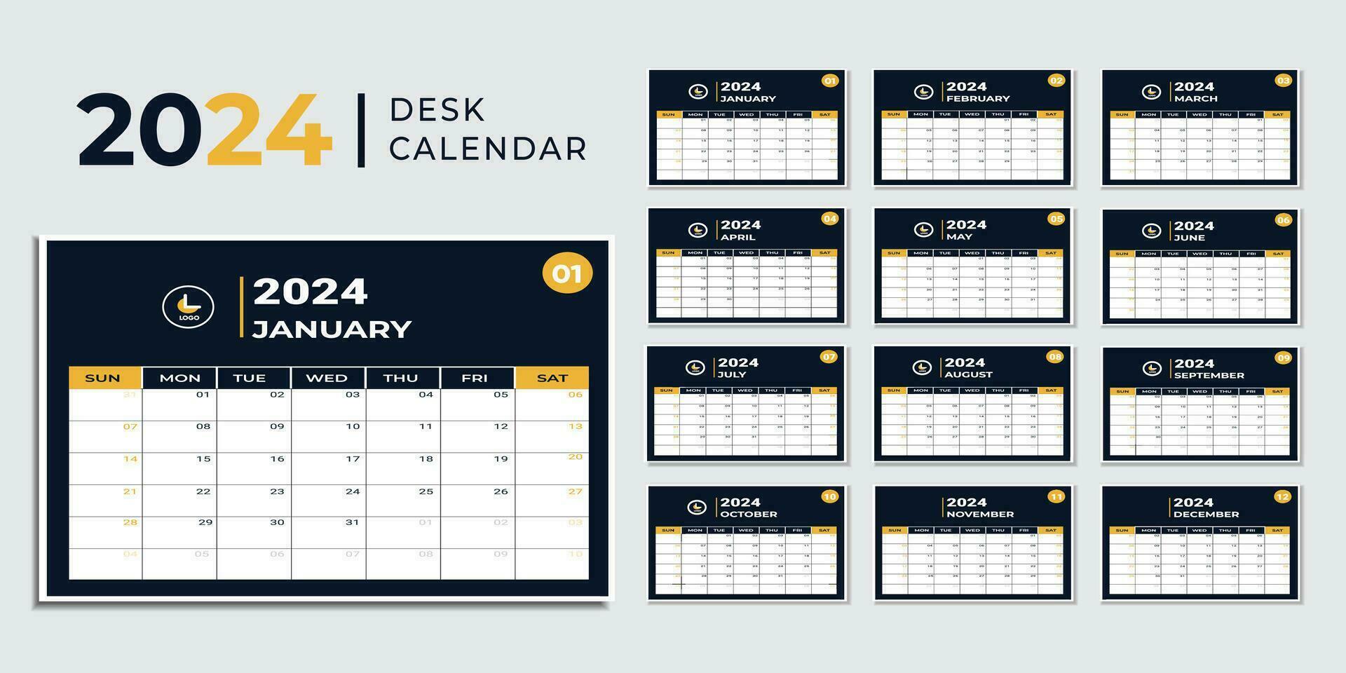mensual calendario modelo para 2024 año. pared calendario en un minimalista estilo. calendario 2024 semana comienzo domingo corporativo diseño planificador modelo. vector