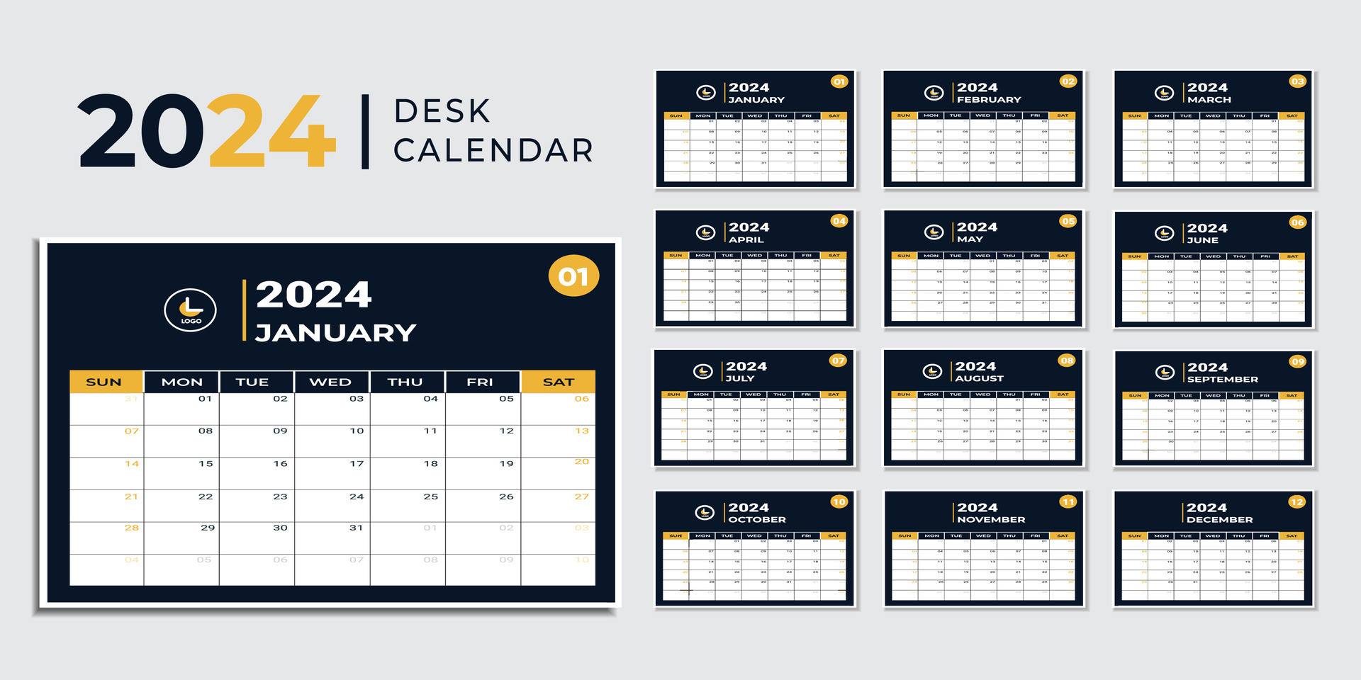 Monthly calendar template for 2024 year, Planner 2024 year, Week Starts