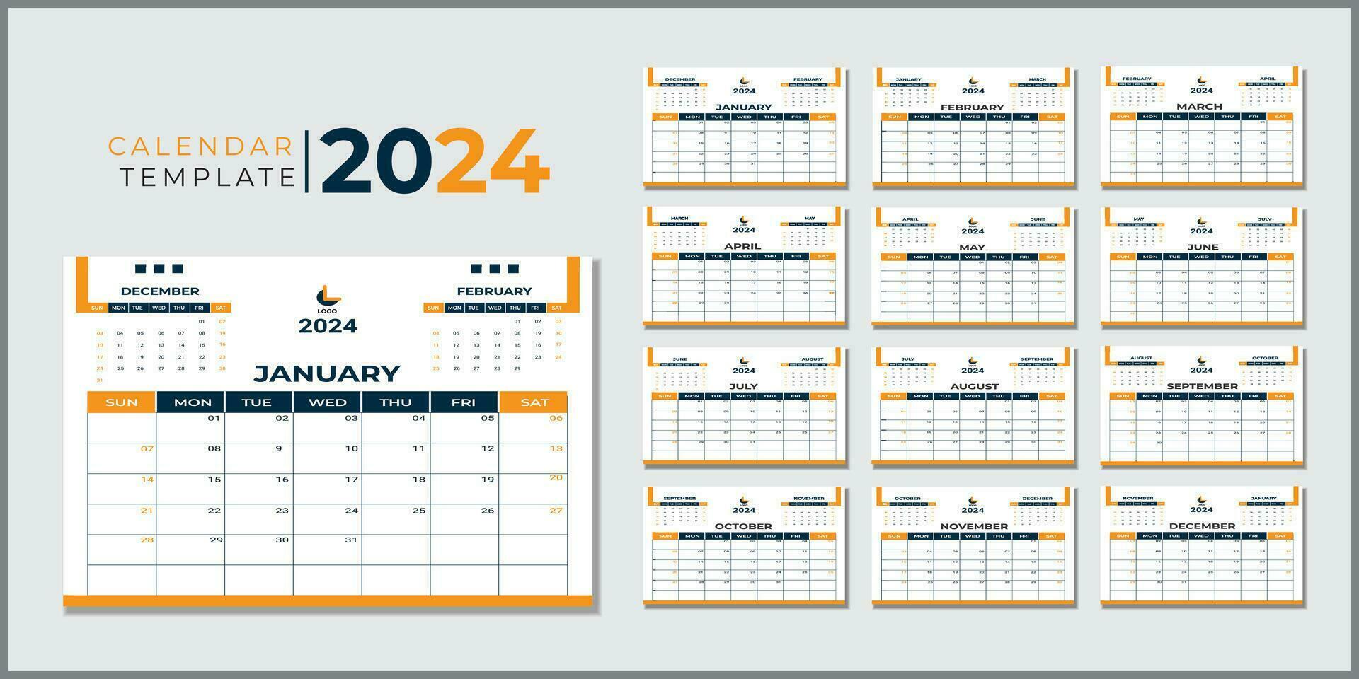mensual calendario modelo para 2024 año. pared calendario en un minimalista estilo. calendario 2024 semana comienzo domingo corporativo diseño planificador modelo. vector