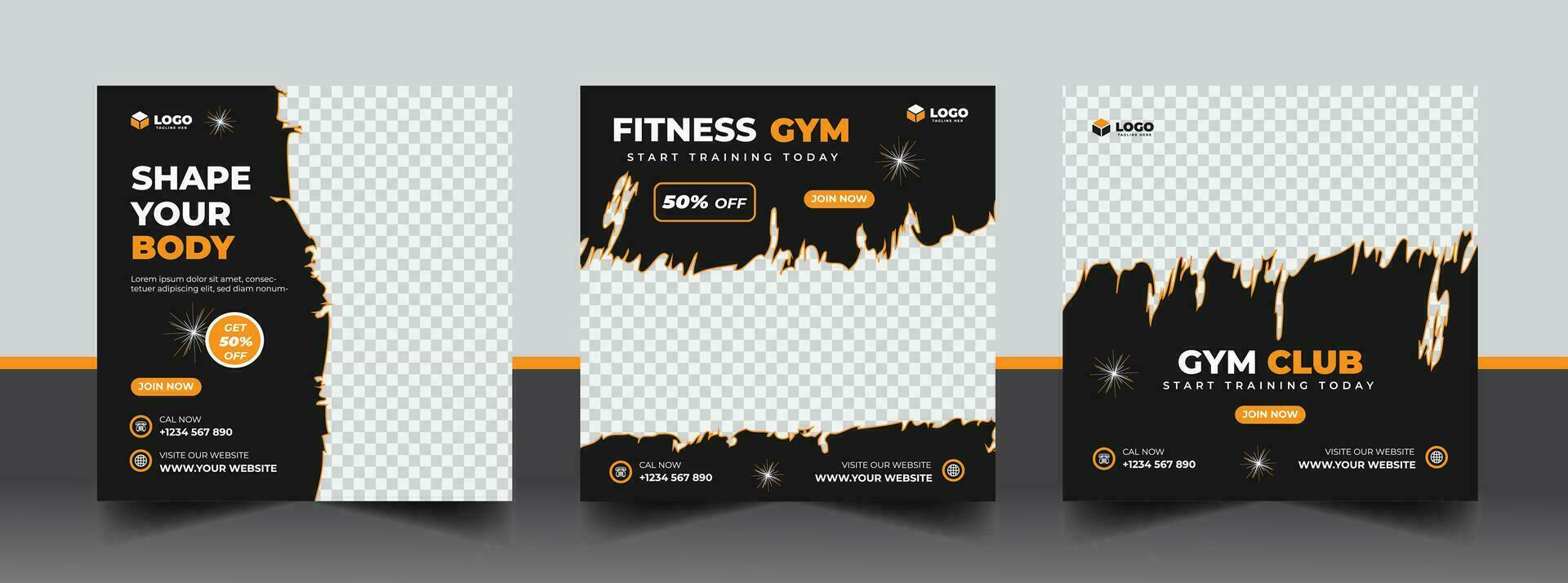 Gym, fitness, and sports social media post template design set. Usable for social media, banner, and website. vector