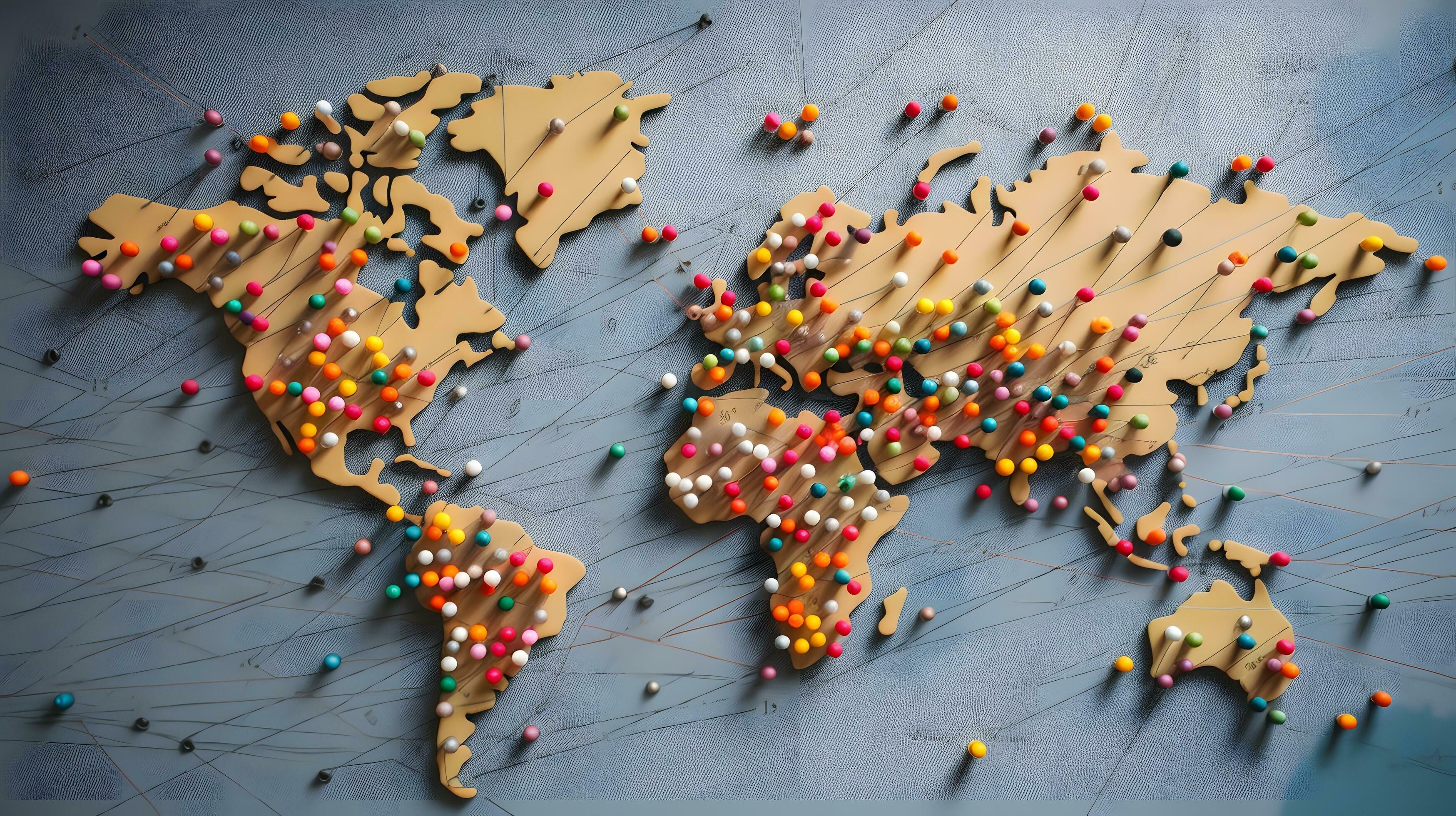 the world map is made of pins and pins are connected to the pins on the
