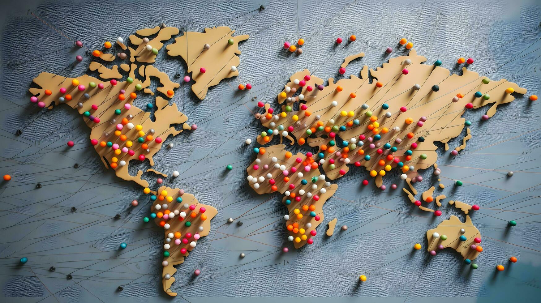 the world map is made of pins and pins are connected to the pins on the map photo