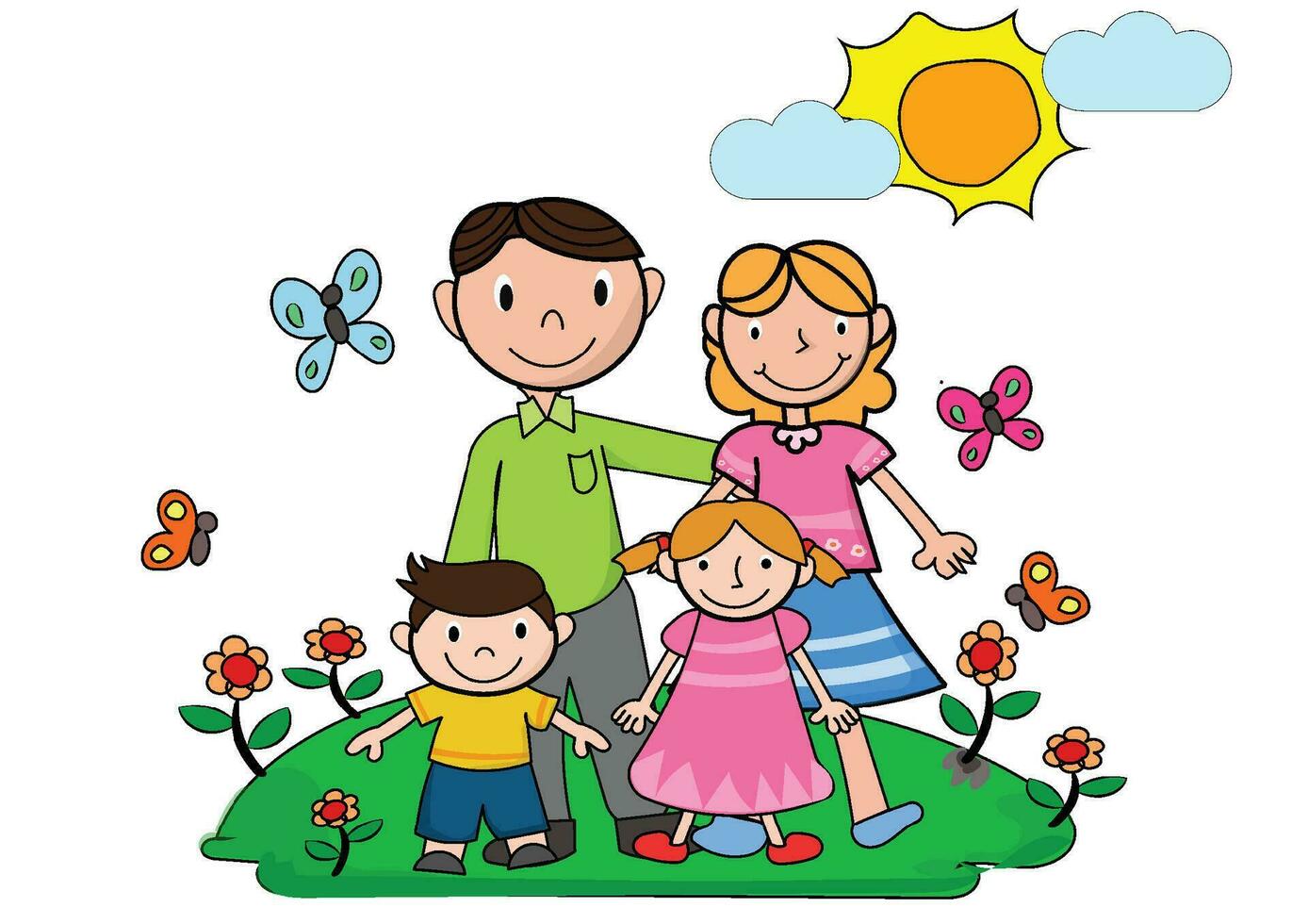 Big family. Father and mother with their children are standing.Happy parents with daughter and son.Cartoon, Relaxed People,Vector happy family and cartoon concept. vector