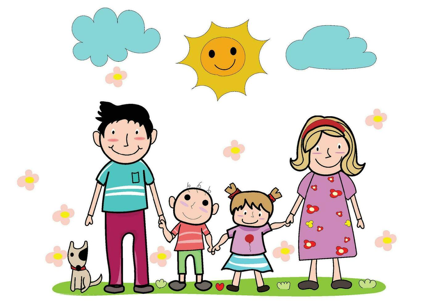 Big family. Father and mother with their children are standing.Happy parents with daughter and son.Cartoon, Relaxed People,Vector happy family and cartoon concept. vector
