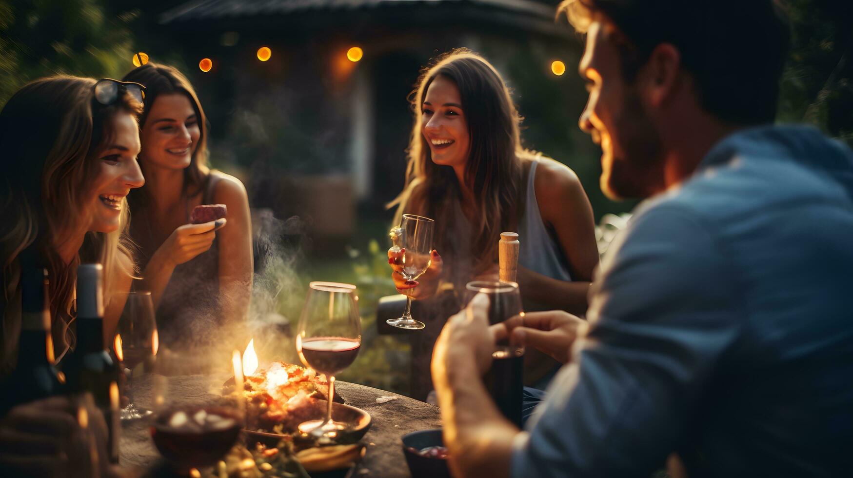 photo of Young people enjoying delicious barbecue dinner party drinking red wine